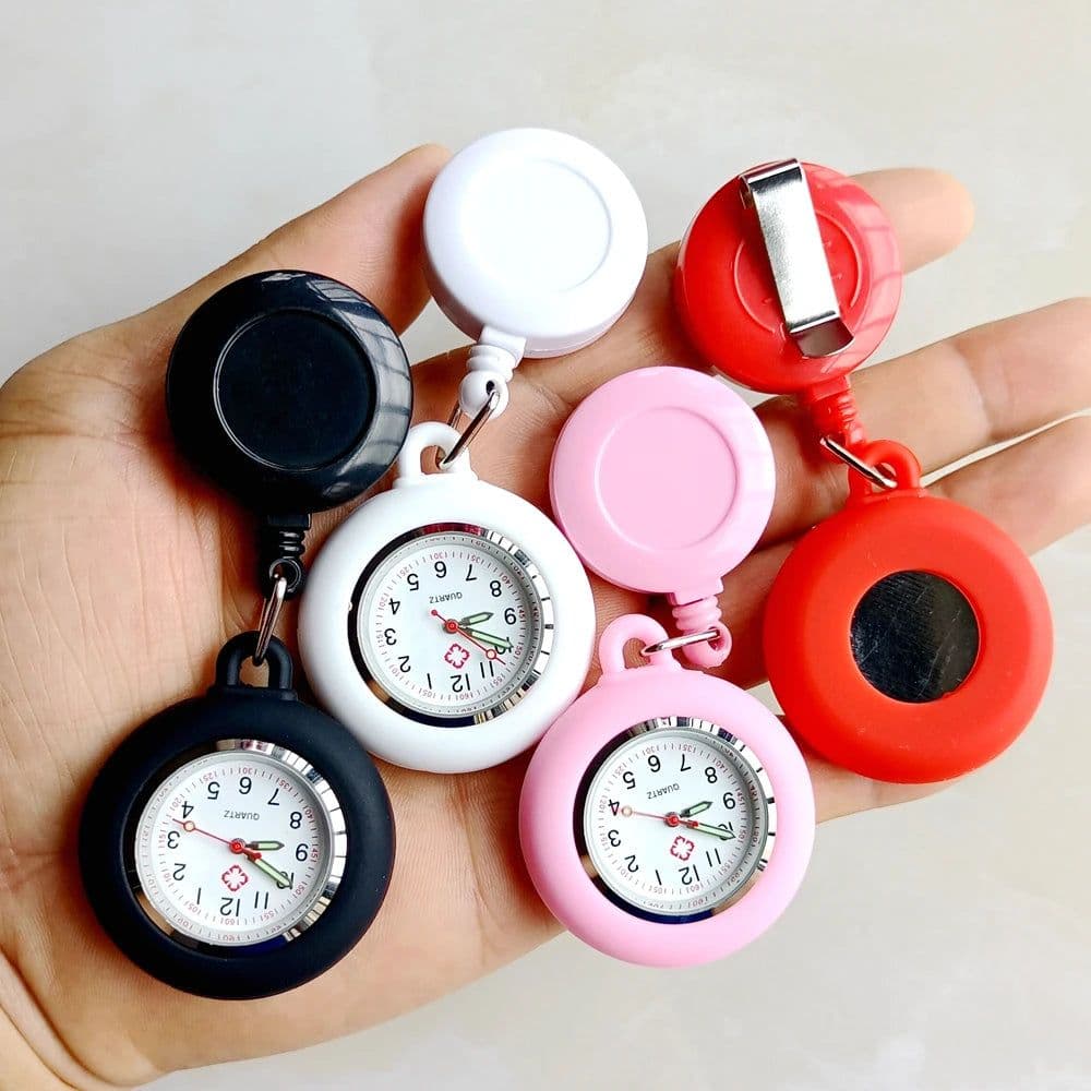 image-Colourful Blank Badge Reel Retractable Nurse Doctor Silicone Pocket Watch Fashion Hospital Hang Clips Quartz Gift Watches Clock