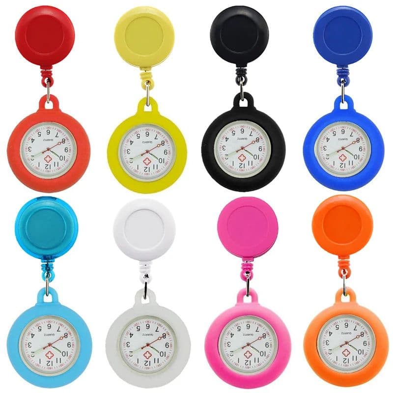 image-Colourful Blank Badge Reel Retractable Nurse Doctor Silicone Pocket Watch Fashion Hospital Hang Clips Quartz Gift Watches Clock