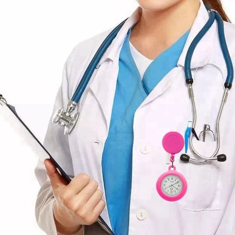 image-Colourful Blank Badge Reel Retractable Nurse Doctor Silicone Pocket Watch Fashion Hospital Hang Clips Quartz Gift Watches Clock