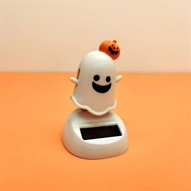 image-Halloween Happy Ghost Solar Toy Funny Cartoon Cute White Pumpkin Ghost Swinging Doll Desktop Decorations Solar Car Ornament