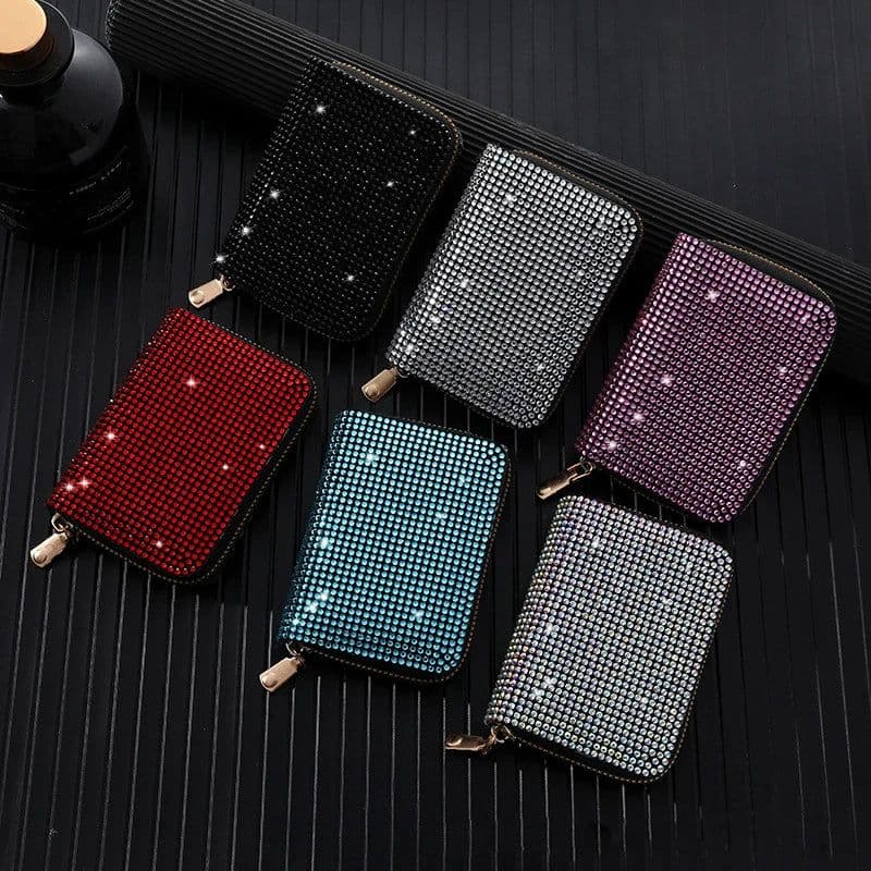 image-Women Card Storage Bag Stylish Coin Purse Rhinestone Small Wallet for Women Zipper Change Card Holder Wallets
