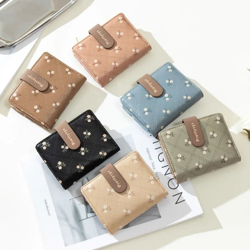image-Women's Short Wallet Floral Printed PU Card Holder Fashion Small Tri-fold Coin Purse Card Cash Storage Pouch