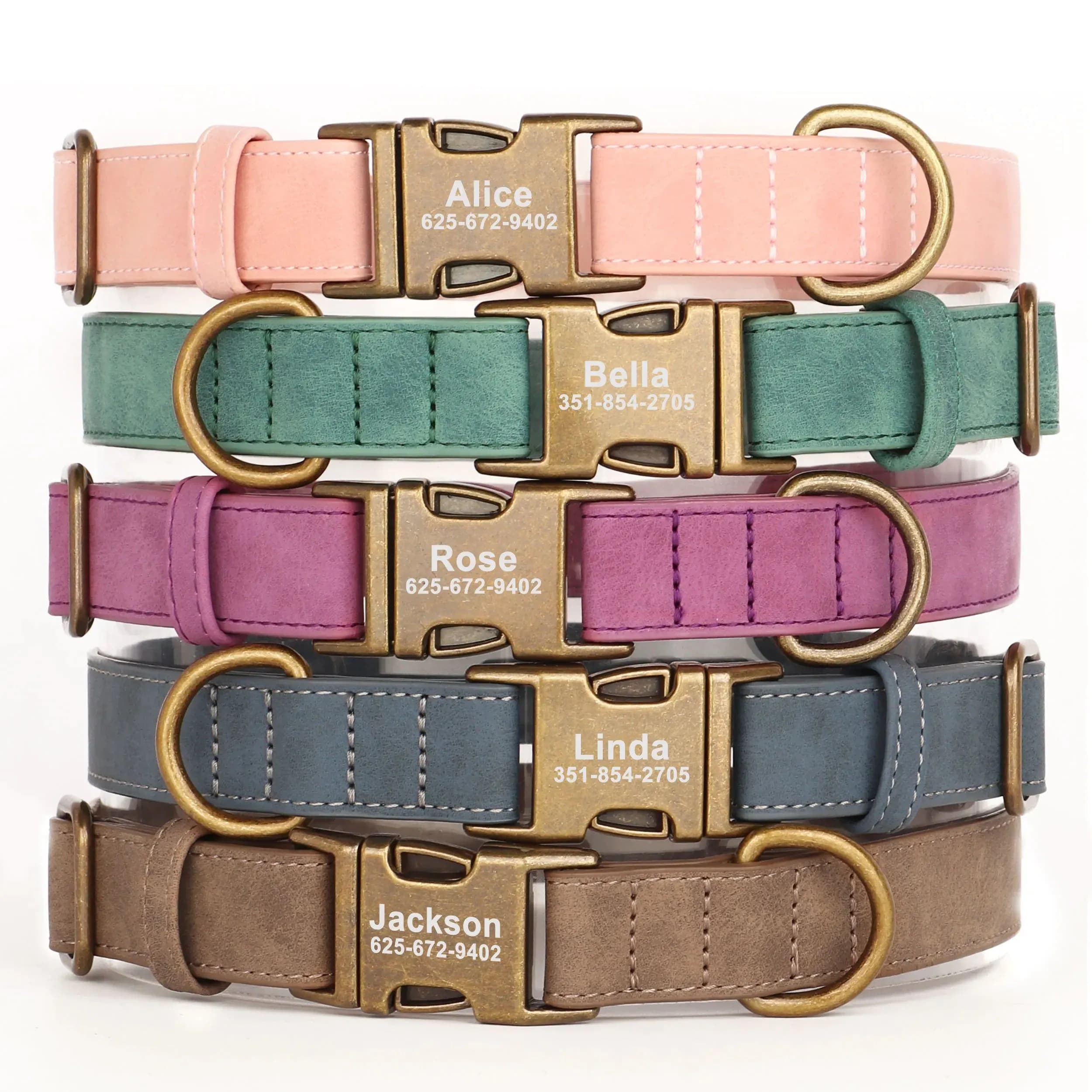 image-Personalized Anti-lost Dog Collar Custom Dog ID Tag Collars Soft Pu Leather Pet Collars Free Engraved Metal Buckle For Bulldog