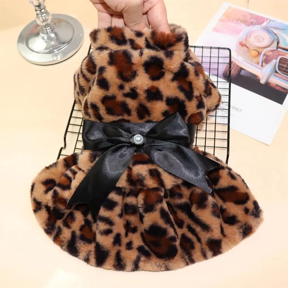 image-Winter Pet Clothes Plush Coat Leopard Print Dress for Small Dog Cat Jacket Fluffy Faux Bowknot Skirt Bulldog Pug Poodle