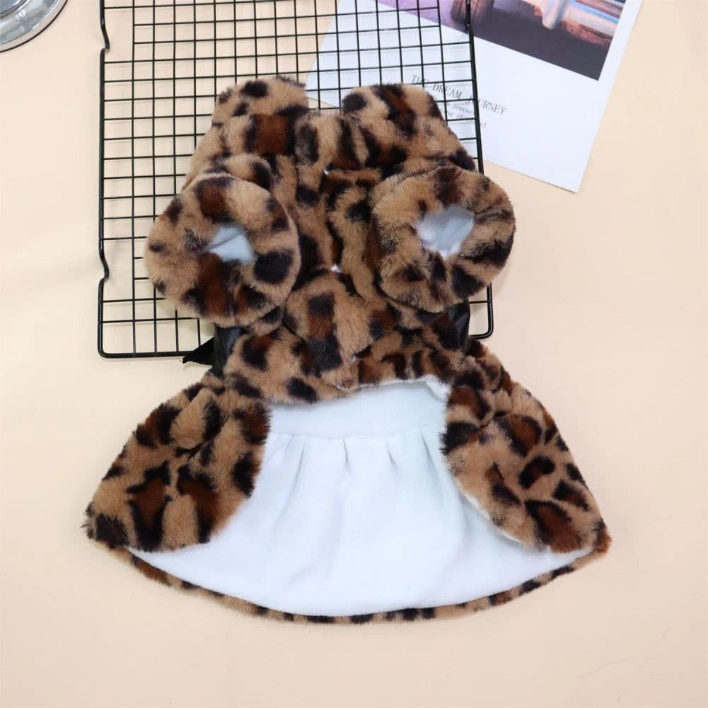 image-Winter Pet Clothes Plush Coat Leopard Print Dress for Small Dog Cat Jacket Fluffy Faux Bowknot Skirt Bulldog Pug Poodle