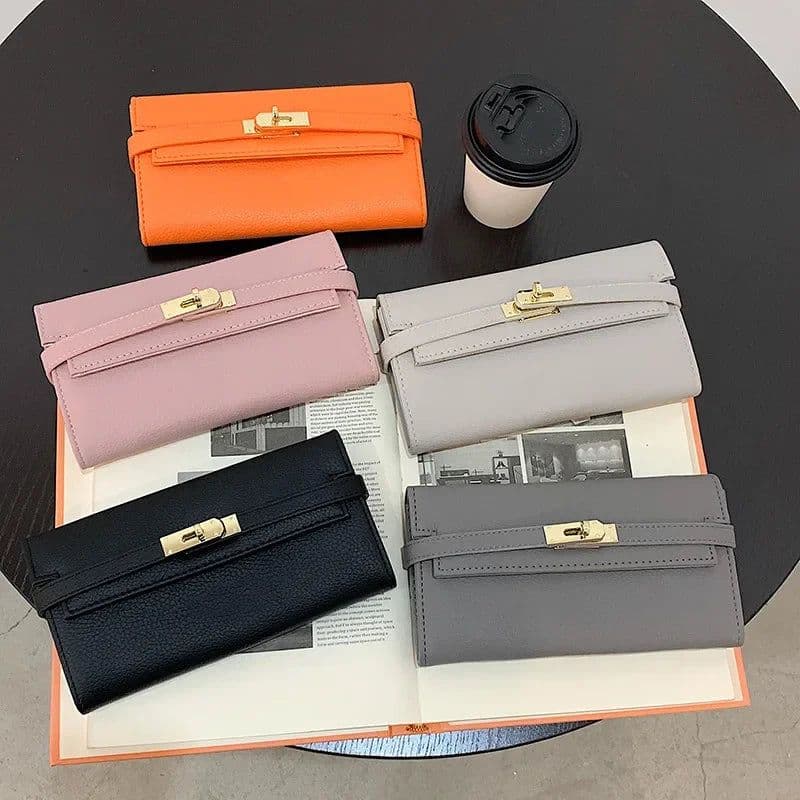 image-2024 Fashion Women's Wallet with Lychee Pattern and Lock Buckle Long Wallet Luxury Cowhide Solid Color Card Holder Coin Purse