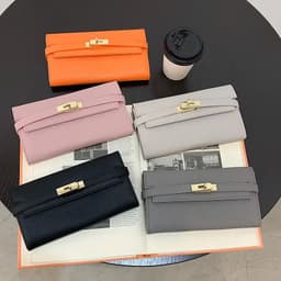 image-2024 Fashion Women's Wallet with Lychee Pattern and Lock Buckle Long Wallet Luxury Cowhide Solid Color Card Holder Coin Purse