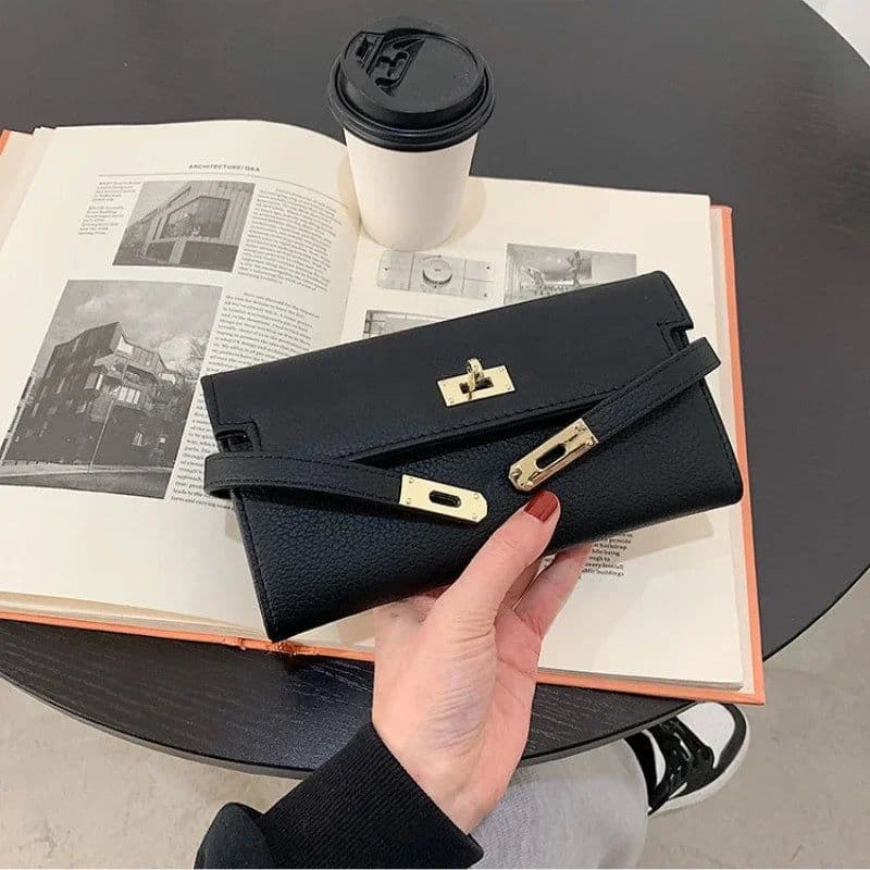 image-2024 Fashion Women's Wallet with Lychee Pattern and Lock Buckle Long Wallet Luxury Cowhide Solid Color Card Holder Coin Purse