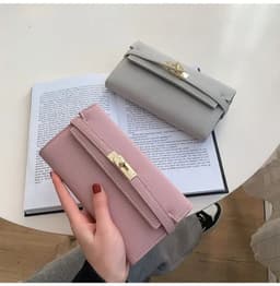 image-2024 Fashion Women's Wallet with Lychee Pattern and Lock Buckle Long Wallet Luxury Cowhide Solid Color Card Holder Coin Purse