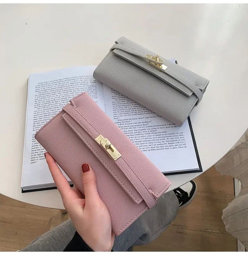 image-2024 Fashion Women's Wallet with Lychee Pattern and Lock Buckle Long Wallet Luxury Cowhide Solid Color Card Holder Coin Purse