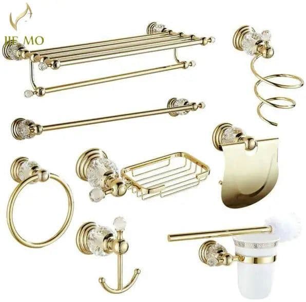 image-Golden Polished Brass & Crystal Bathroom accessories Bath Hardware Set Towel Rack Towel Bar Paper Holder Soap Dish JM2221