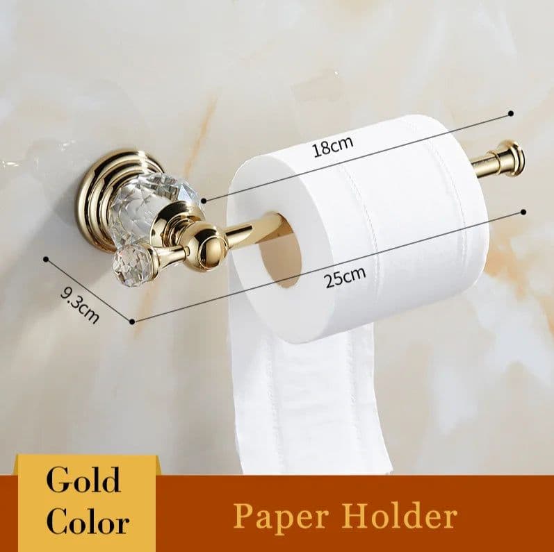 image-Golden Polished Brass & Crystal Bathroom accessories Bath Hardware Set Towel Rack Towel Bar Paper Holder Soap Dish JM2221