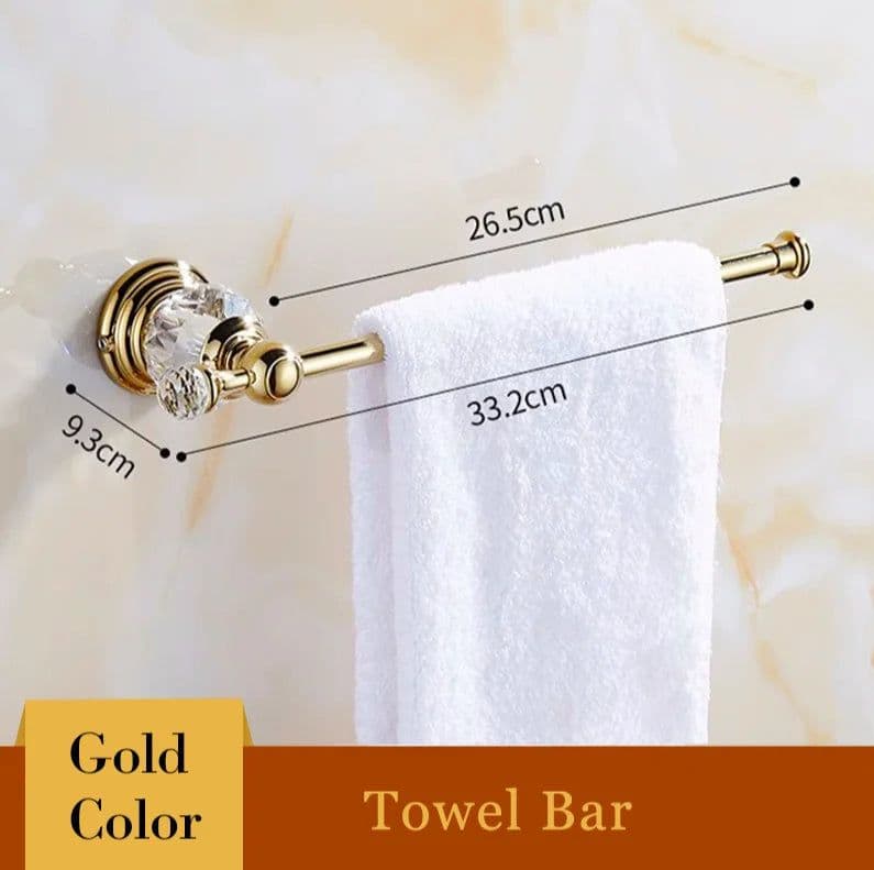 image-Golden Polished Brass & Crystal Bathroom accessories Bath Hardware Set Towel Rack Towel Bar Paper Holder Soap Dish JM2221