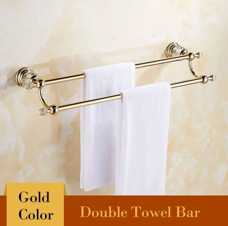 image-Golden Polished Brass & Crystal Bathroom accessories Bath Hardware Set Towel Rack Towel Bar Paper Holder Soap Dish JM2221