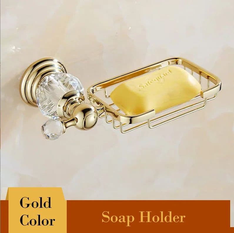 image-Golden Polished Brass & Crystal Bathroom accessories Bath Hardware Set Towel Rack Towel Bar Paper Holder Soap Dish JM2221
