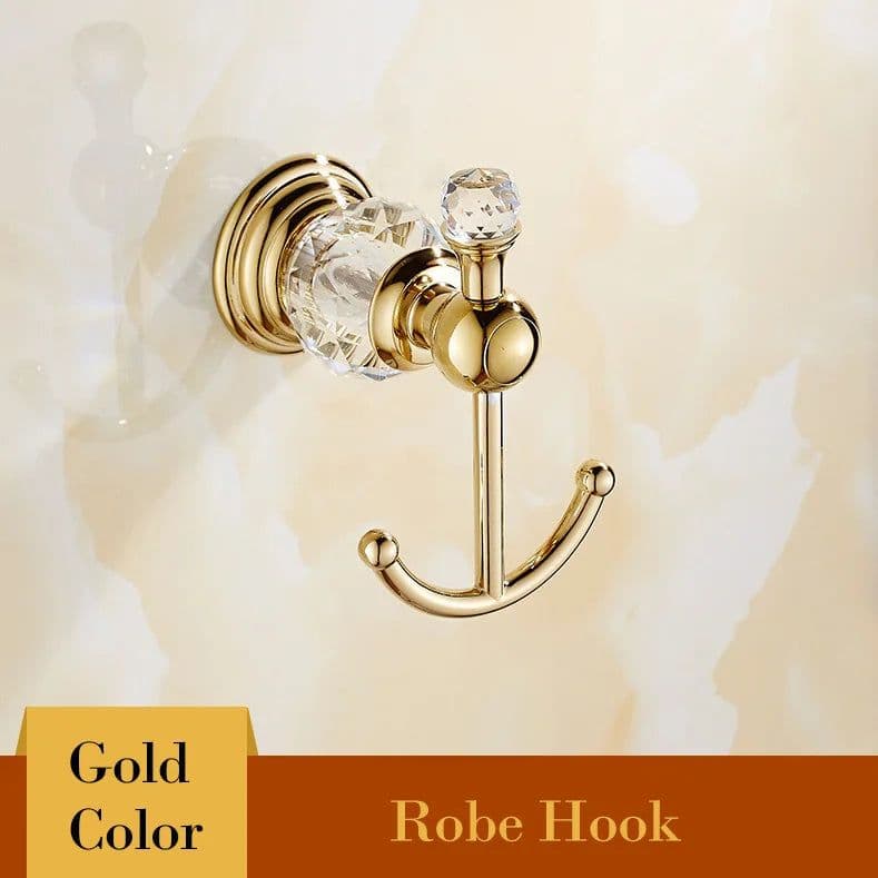 image-Golden Polished Brass & Crystal Bathroom accessories Bath Hardware Set Towel Rack Towel Bar Paper Holder Soap Dish JM2221