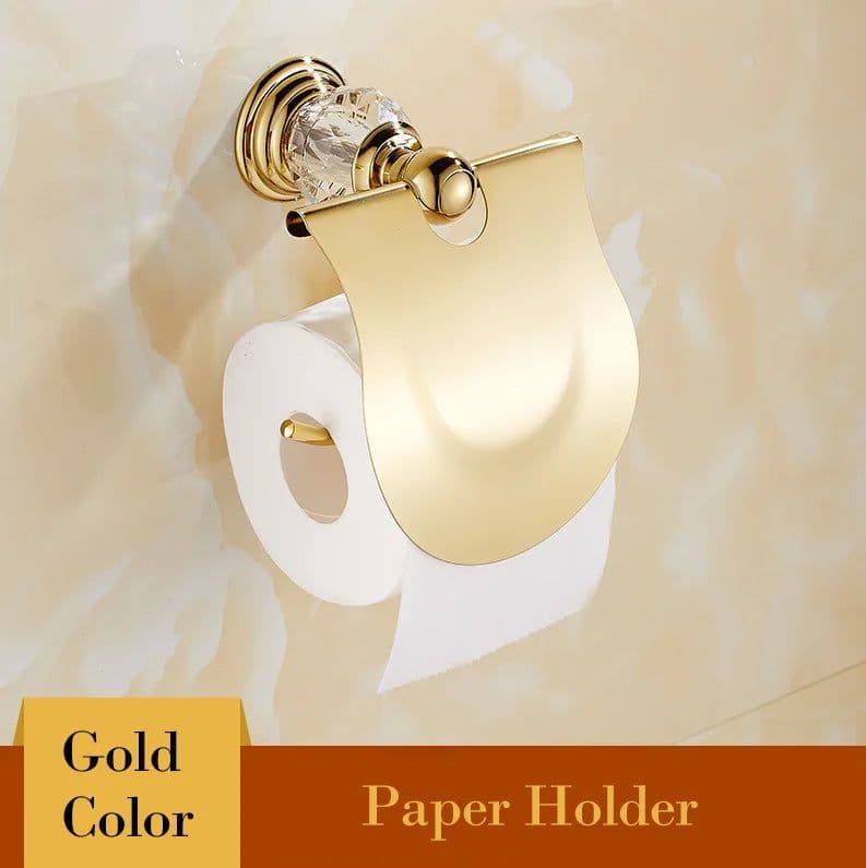 image-Golden Polished Brass & Crystal Bathroom accessories Bath Hardware Set Towel Rack Towel Bar Paper Holder Soap Dish JM2221
