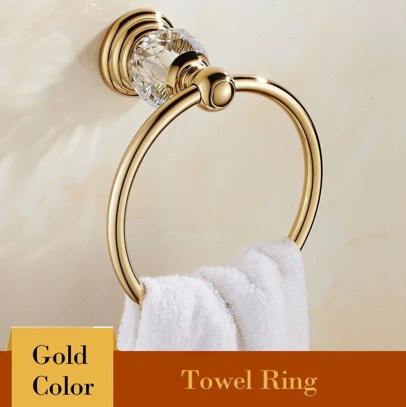 image-Golden Polished Brass & Crystal Bathroom accessories Bath Hardware Set Towel Rack Towel Bar Paper Holder Soap Dish JM2221