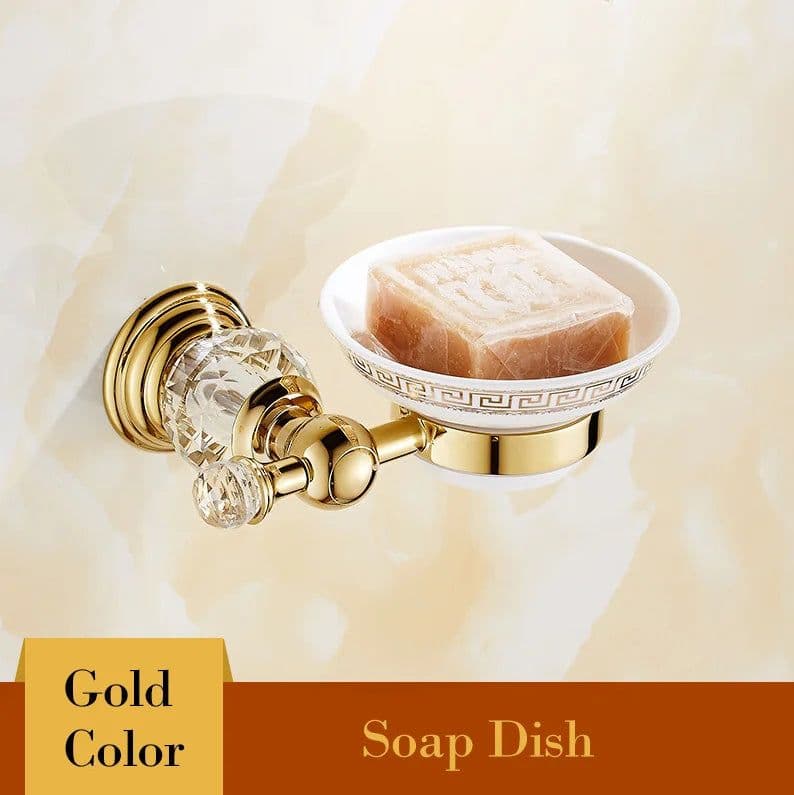 image-Golden Polished Brass & Crystal Bathroom accessories Bath Hardware Set Towel Rack Towel Bar Paper Holder Soap Dish JM2221
