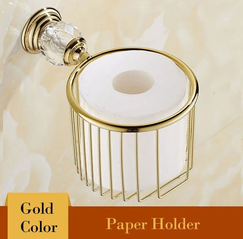 image-Golden Polished Brass & Crystal Bathroom accessories Bath Hardware Set Towel Rack Towel Bar Paper Holder Soap Dish JM2221