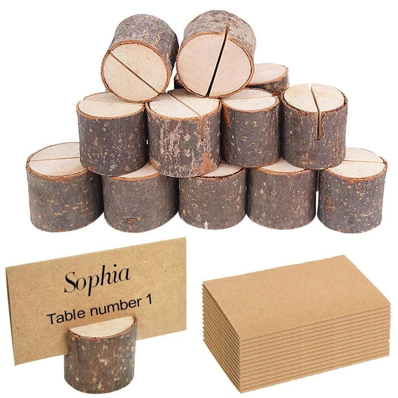 image-10pcs Natural Wooden Place Card Holders Stand Card Photo Clip Holder Rustic Wedding Decorations Party Table Number Name Sign