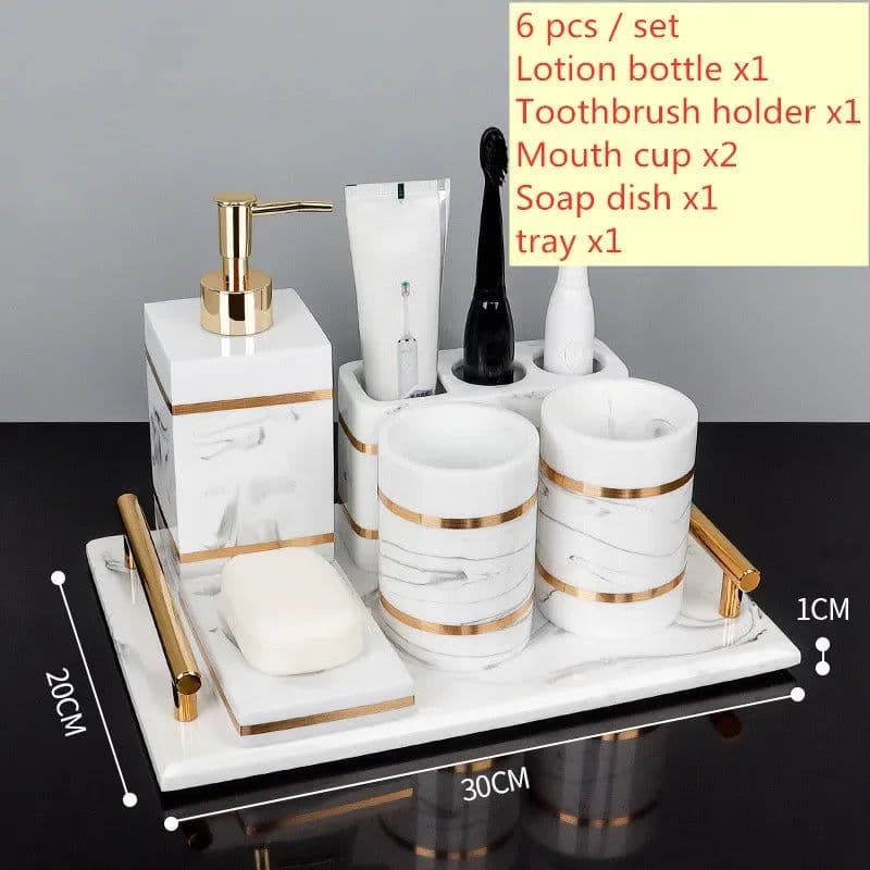 image-Nordic Natural Resin Lotion Bottle Mouth Cup Soap Dish Toothbrush Holder Tissue Box Cotton Swab Box Tray Washing Tools Set