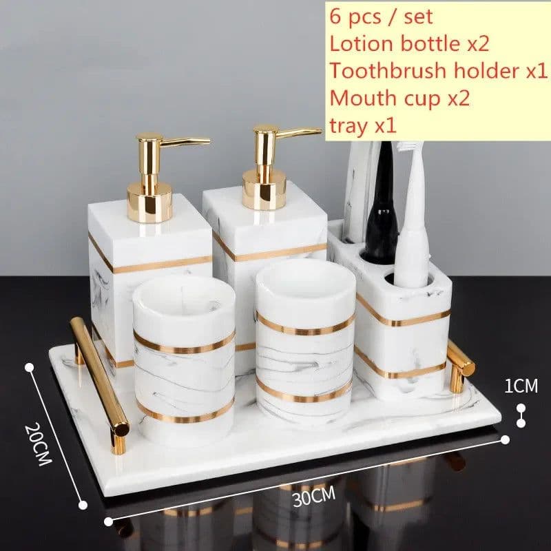 image-Nordic Natural Resin Lotion Bottle Mouth Cup Soap Dish Toothbrush Holder Tissue Box Cotton Swab Box Tray Washing Tools Set