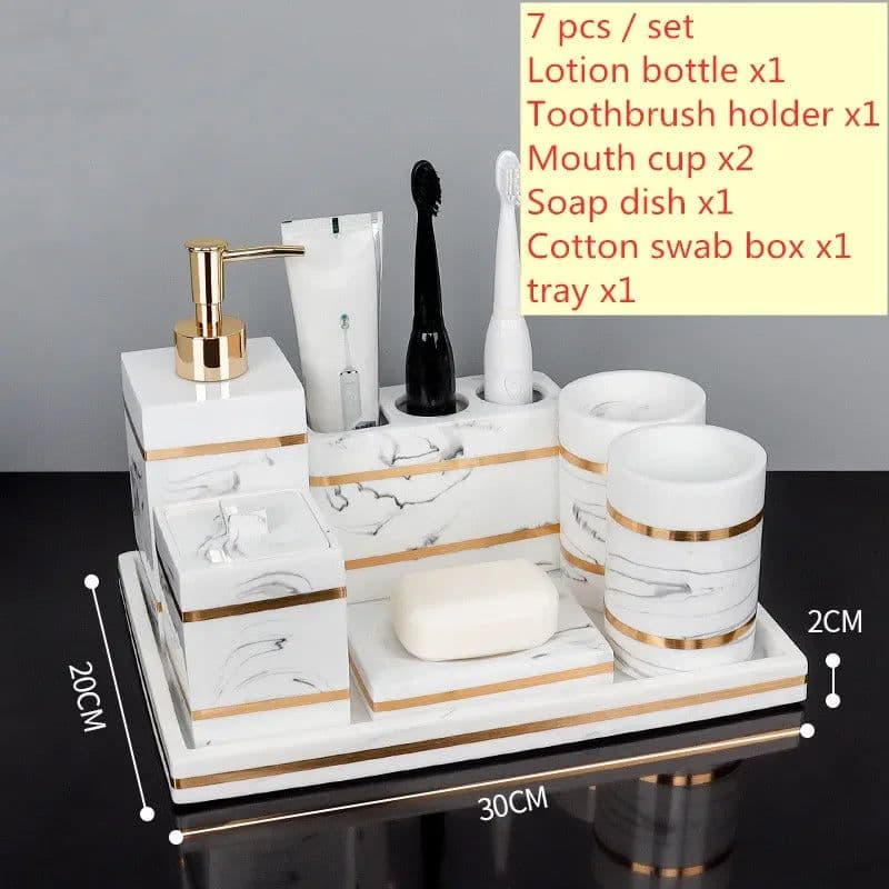 image-Nordic Natural Resin Lotion Bottle Mouth Cup Soap Dish Toothbrush Holder Tissue Box Cotton Swab Box Tray Washing Tools Set