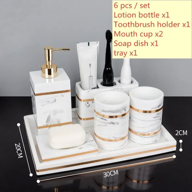 image-Nordic Natural Resin Lotion Bottle Mouth Cup Soap Dish Toothbrush Holder Tissue Box Cotton Swab Box Tray Washing Tools Set