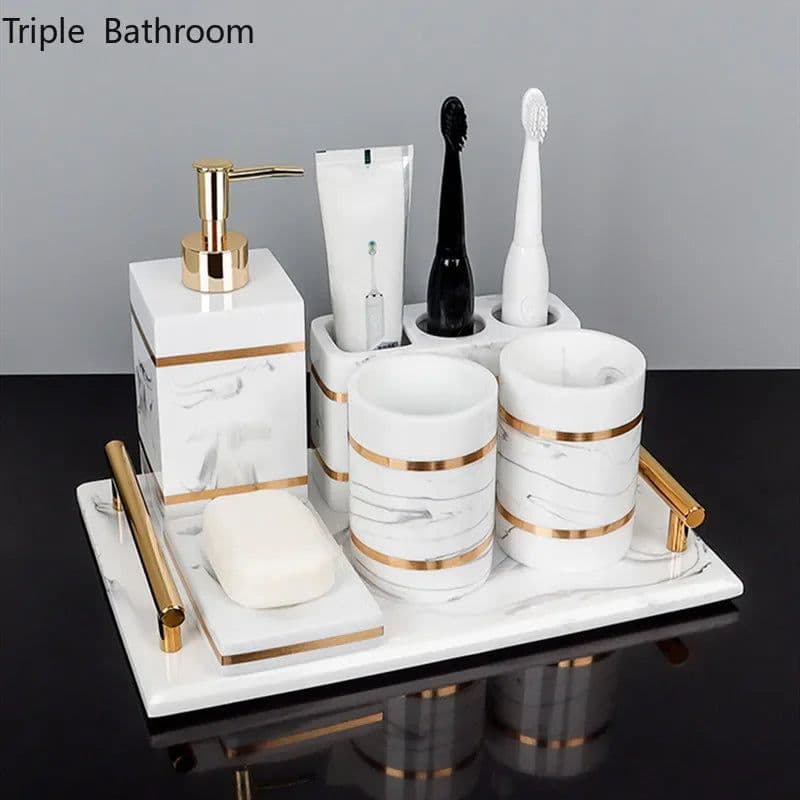 image-Nordic Natural Resin Lotion Bottle Mouth Cup Soap Dish Toothbrush Holder Tissue Box Cotton Swab Box Tray Washing Tools Set
