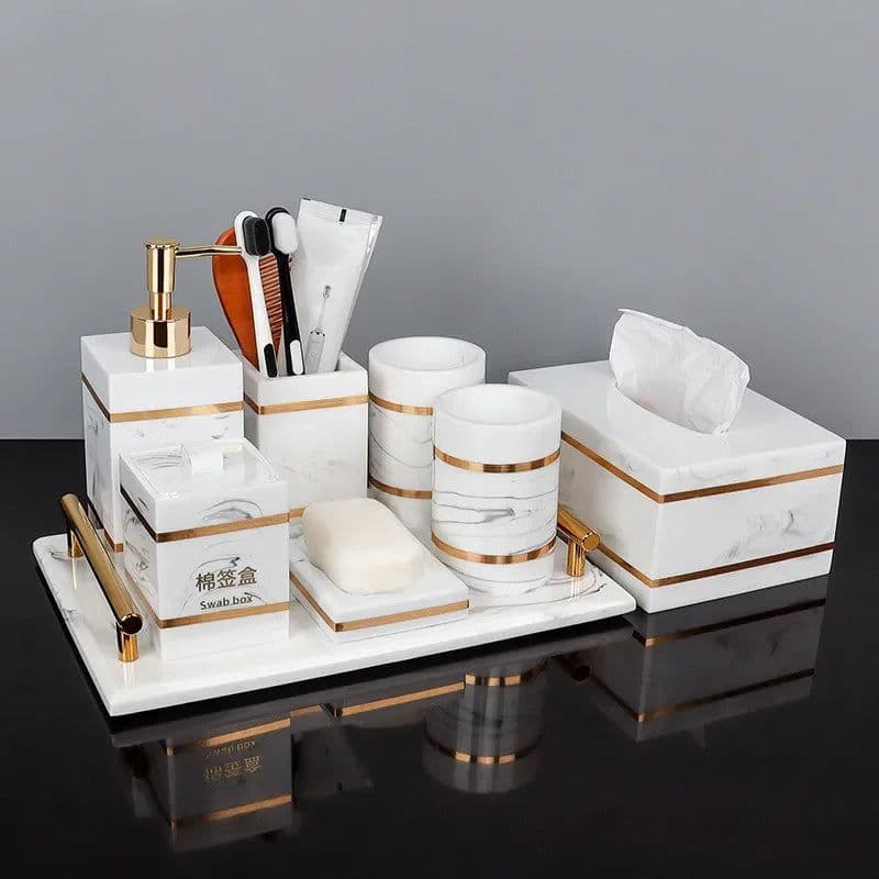 image-Nordic Natural Resin Lotion Bottle Mouth Cup Soap Dish Toothbrush Holder Tissue Box Cotton Swab Box Tray Washing Tools Set