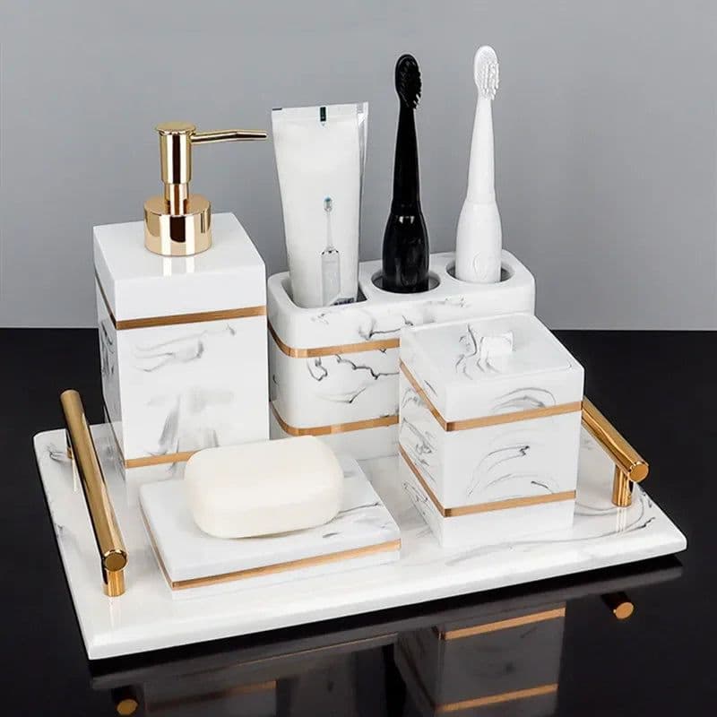 image-Nordic Natural Resin Lotion Bottle Mouth Cup Soap Dish Toothbrush Holder Tissue Box Cotton Swab Box Tray Washing Tools Set