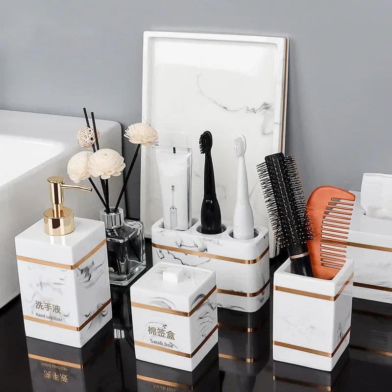 image-Nordic Natural Resin Lotion Bottle Mouth Cup Soap Dish Toothbrush Holder Tissue Box Cotton Swab Box Tray Washing Tools Set