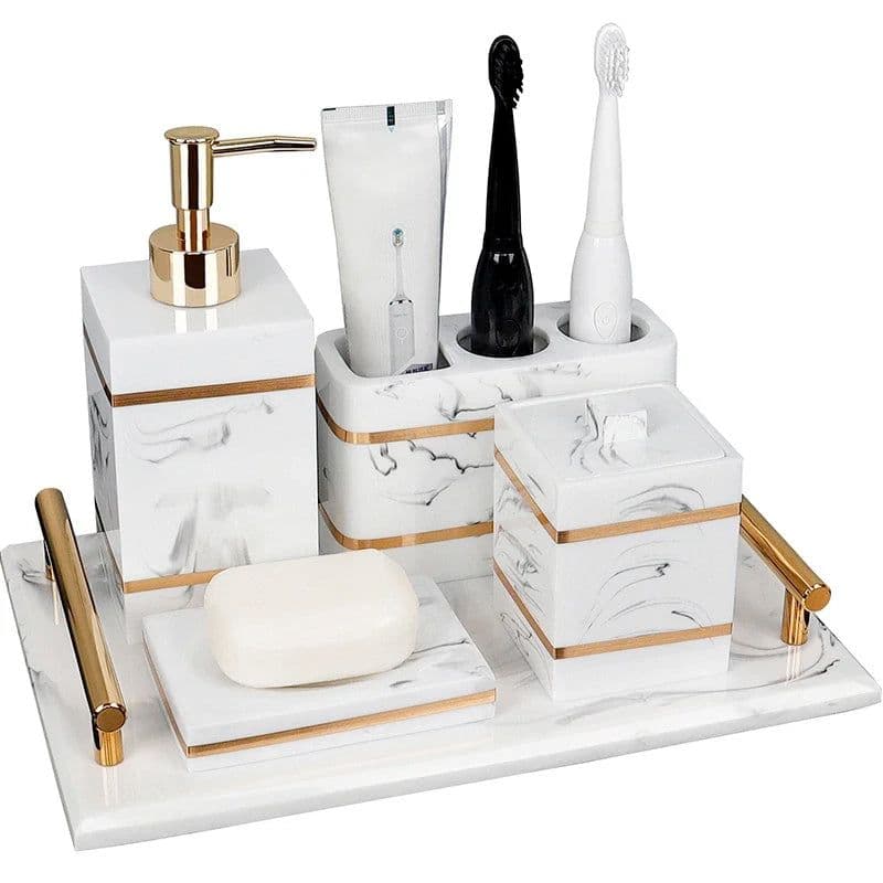 image-Nordic Natural Resin Lotion Bottle Mouth Cup Soap Dish Toothbrush Holder Tissue Box Cotton Swab Box Tray Washing Tools Set