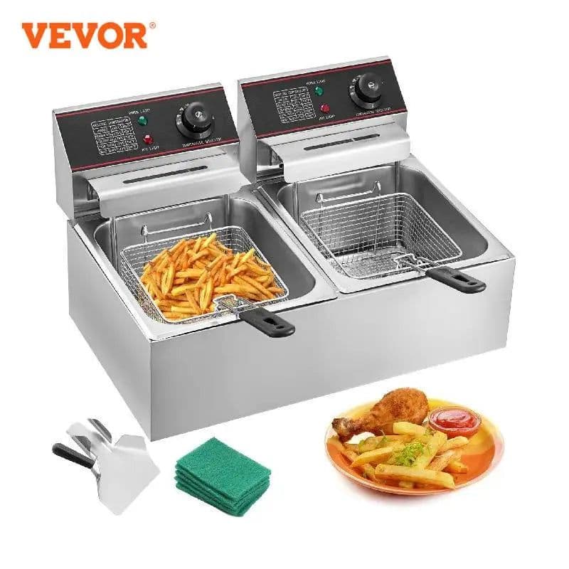 image-VEVOR 12L 5000W Electric Deep Fryers Dual Tanks with Dual Basket & Lid Double Deep Fat Fryer Adjustable Temperature Control