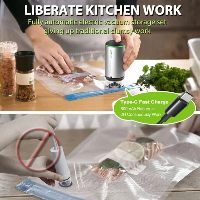 image-Reusable Vacuum Food Storage Bag Food Vacuum Sealer Sous Vide Bags USB Rechargeable Handheld Vacuum Air Pump Kitchen Gadget