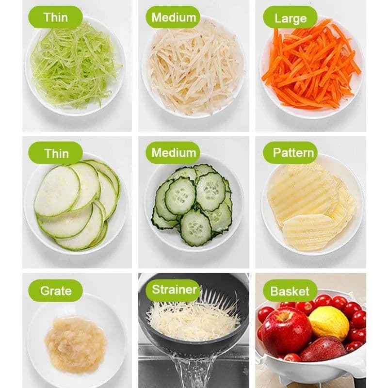 image-Multifunctional 2 In 1 Vegetable Slicer Cutter Chopper Fruit Strainer Basket Spiralizer Grater Food Peeler Mandoline Shredder