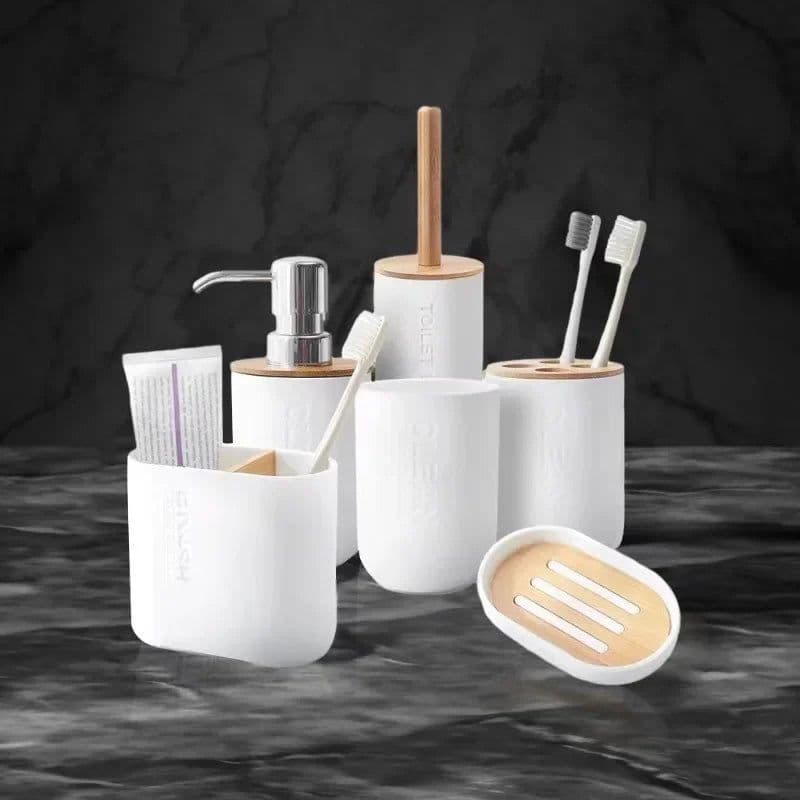 image-Bathroom Accessories Set Designer Soap Lotion Dispenser Toothbrush Holder Soap Dish Tumbler or wood Bottle Cup Black/White/gray