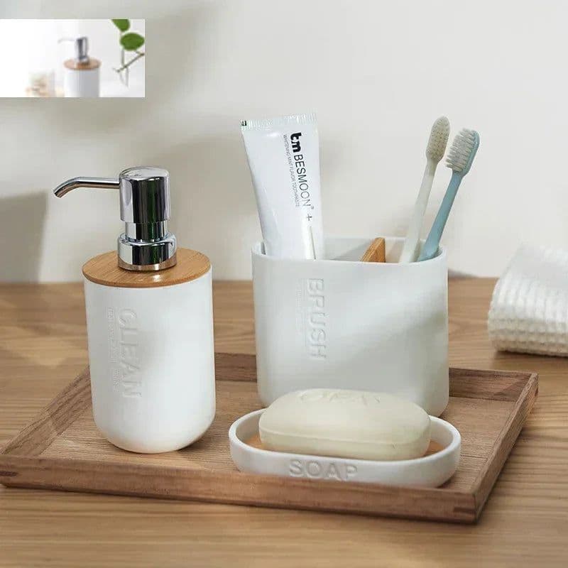image-Bathroom Accessories Set Designer Soap Lotion Dispenser Toothbrush Holder Soap Dish Tumbler or wood Bottle Cup Black/White/gray