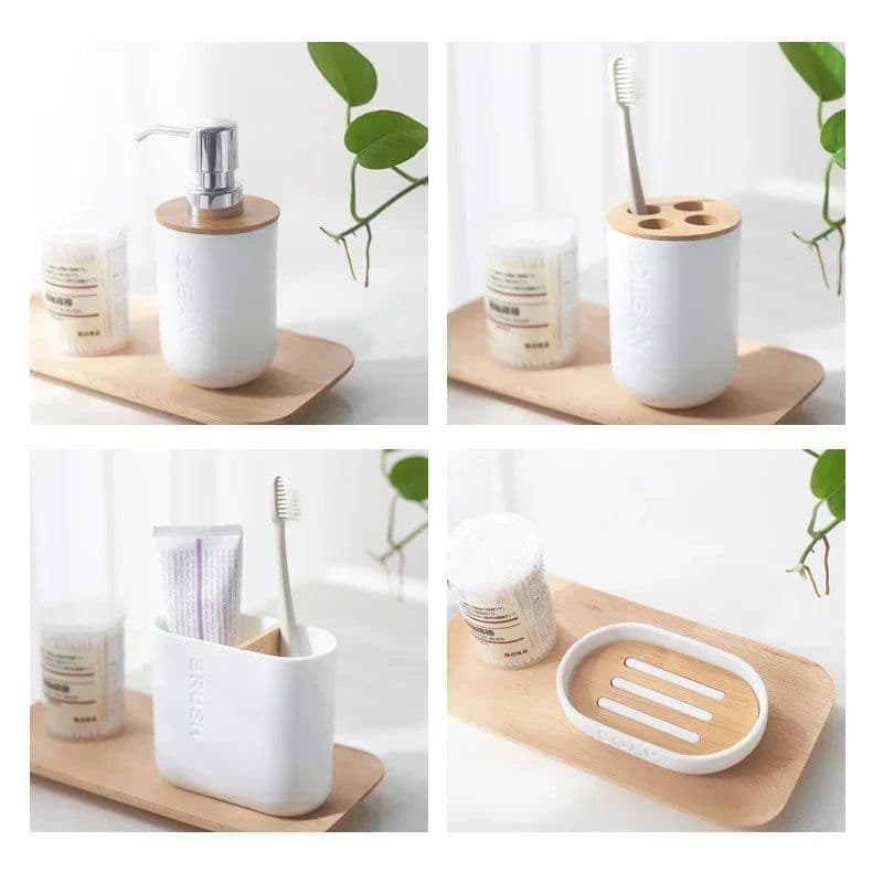 image-Bathroom Accessories Set Designer Soap Lotion Dispenser Toothbrush Holder Soap Dish Tumbler or wood Bottle Cup Black/White/gray