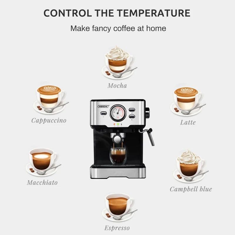 image-HiBREW Coffee Machine Cafetera 20 Bar Espresso inox Semi Automatic Expresso Cappuccino Hot Water Steam Temperature Display H5