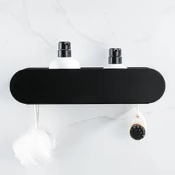 image-Design Bathroom Shelf Organizer Black Aluminum Shower Caddy With Hook Wc Accessories On Wall Decoration Kitchen Storage Rack