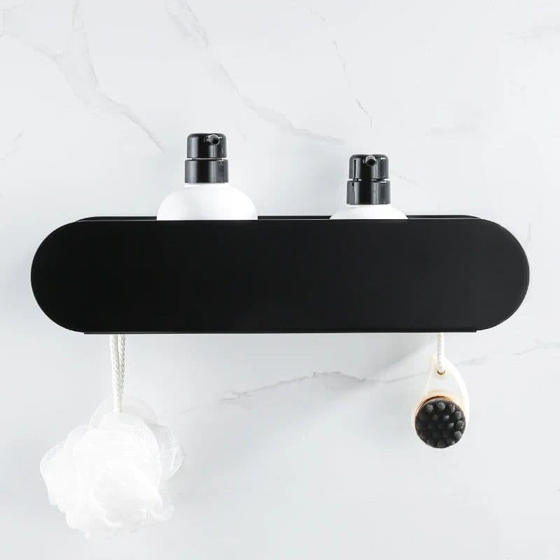 image-Design Bathroom Shelf Organizer Black Aluminum Shower Caddy With Hook Wc Accessories On Wall Decoration Kitchen Storage Rack