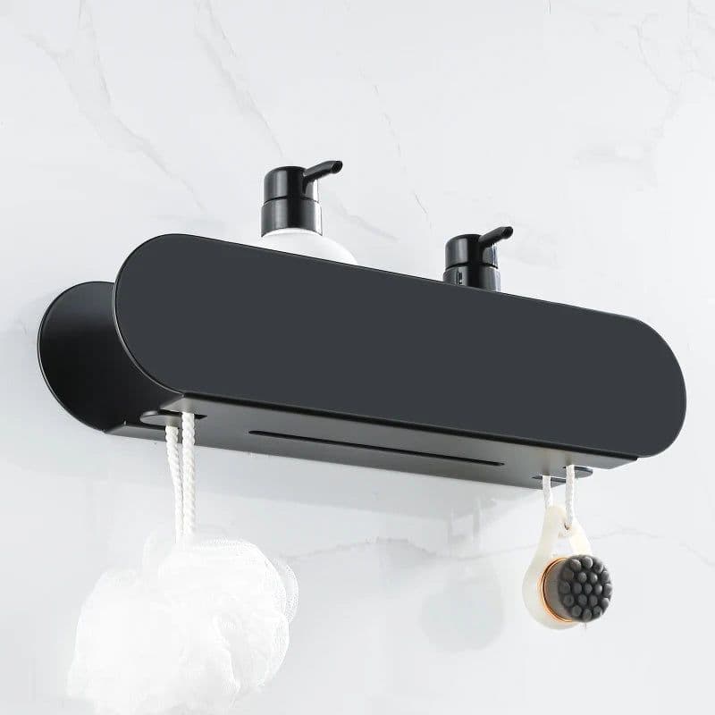 image-Design Bathroom Shelf Organizer Black Aluminum Shower Caddy With Hook Wc Accessories On Wall Decoration Kitchen Storage Rack