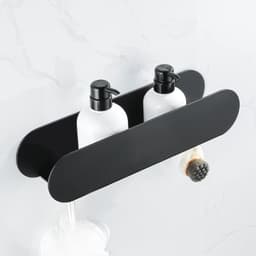 image-Design Bathroom Shelf Organizer Black Aluminum Shower Caddy With Hook Wc Accessories On Wall Decoration Kitchen Storage Rack