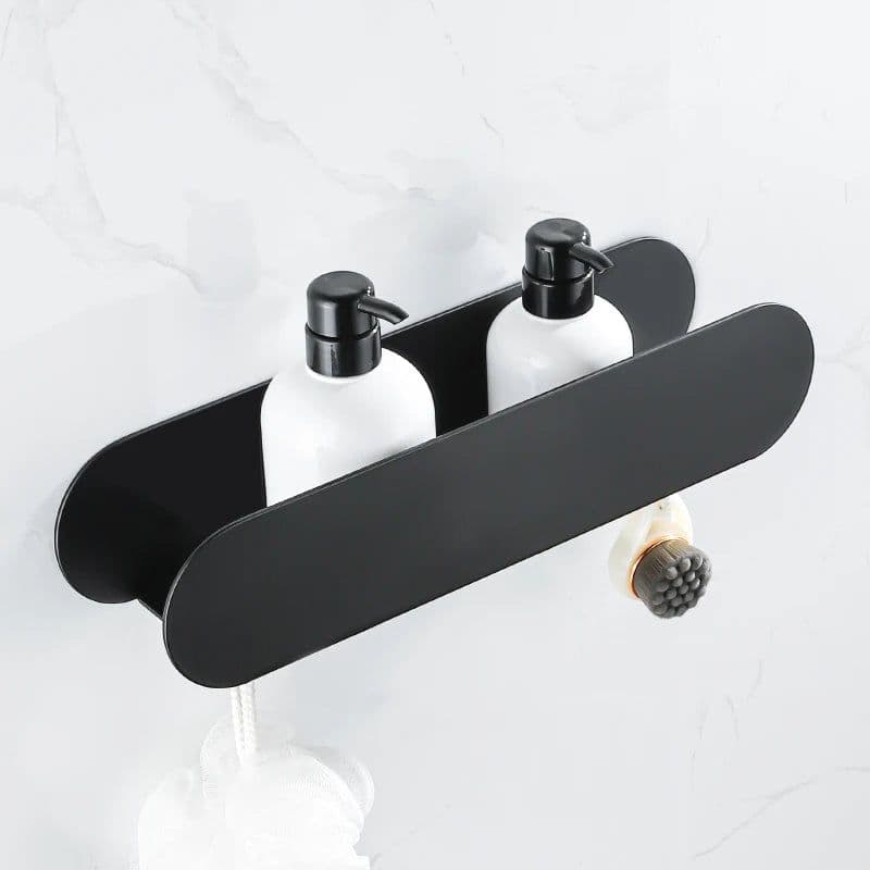image-Design Bathroom Shelf Organizer Black Aluminum Shower Caddy With Hook Wc Accessories On Wall Decoration Kitchen Storage Rack