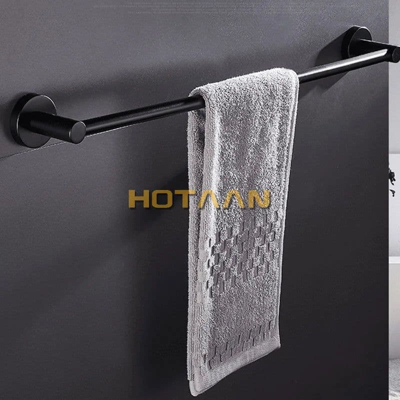 image-Hotaan Modern Style Matte Black Wall Mounted Single Towel Bar Bathroom Towel Hanger Shelf Bathroom Accessories Holder