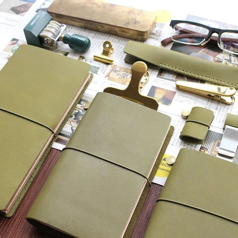 image-Fromthenon Travelers Notebook Olive Green Leather Planner 2024 Cowhide Note for Midori Diary Traveler Personal Journal