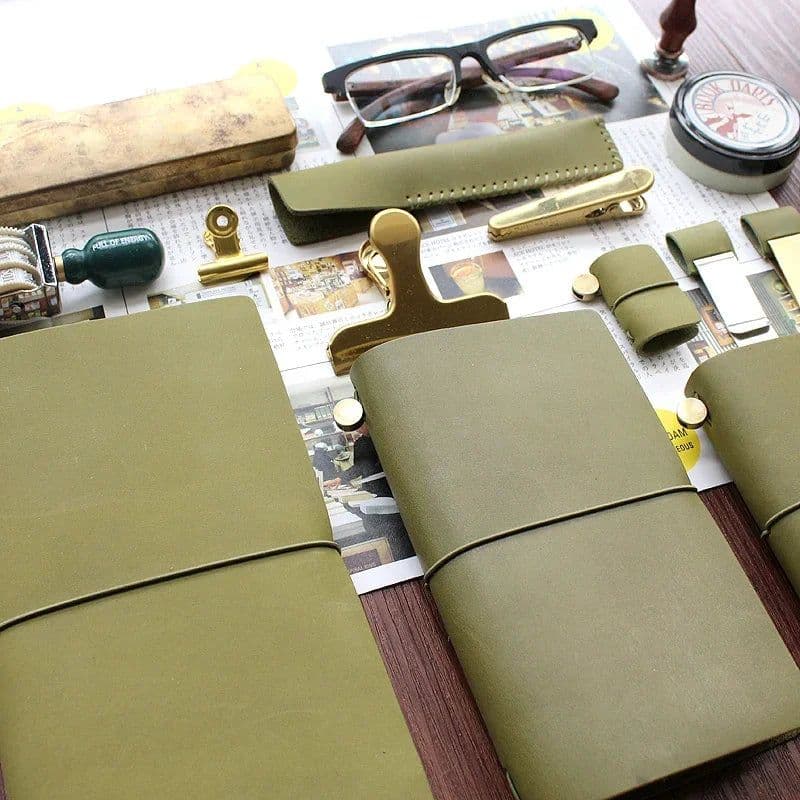 image-Fromthenon Travelers Notebook Olive Green Leather Planner 2024 Cowhide Note for Midori Diary Traveler Personal Journal