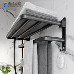 image-Towel Rack 40-60 CM Folding Holder With Hook Bathroom Accessories Wall Mount Rail Shower Hanger Aluminum Bar Matte Black Shelf